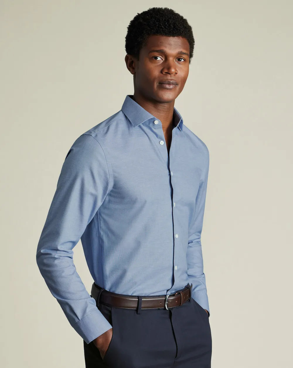 Semi-Cutaway Non-Iron Cotton Linen Shirt  - White