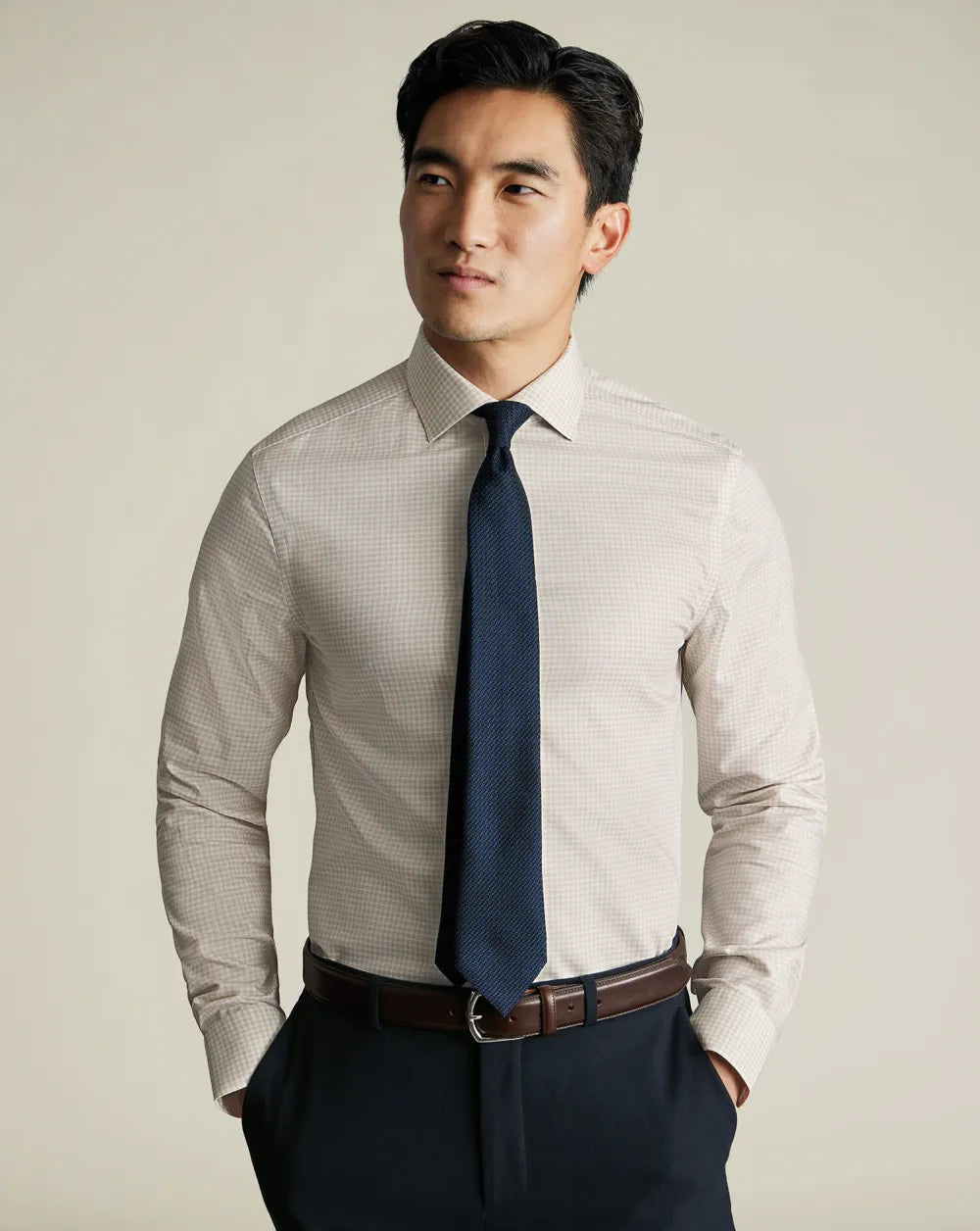 Semi-Cutaway Non-Iron Cotton Linen Shirt  - White