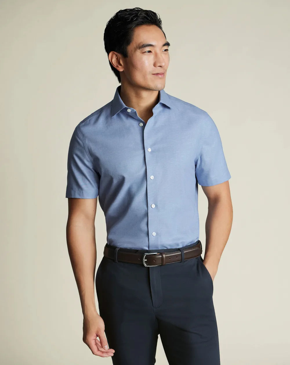 Non-Iron Cotton Linen Short Sleeve Shirt - Ink Blue