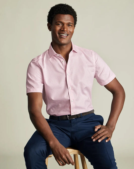 Non-Iron Cotton Linen Check Short Sleeve Shirt - Pink