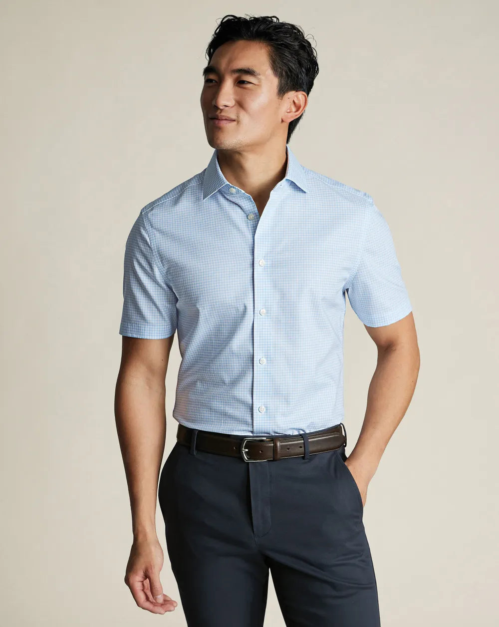 Non-Iron Cotton Linen Short Sleeve Shirt - Ink Blue