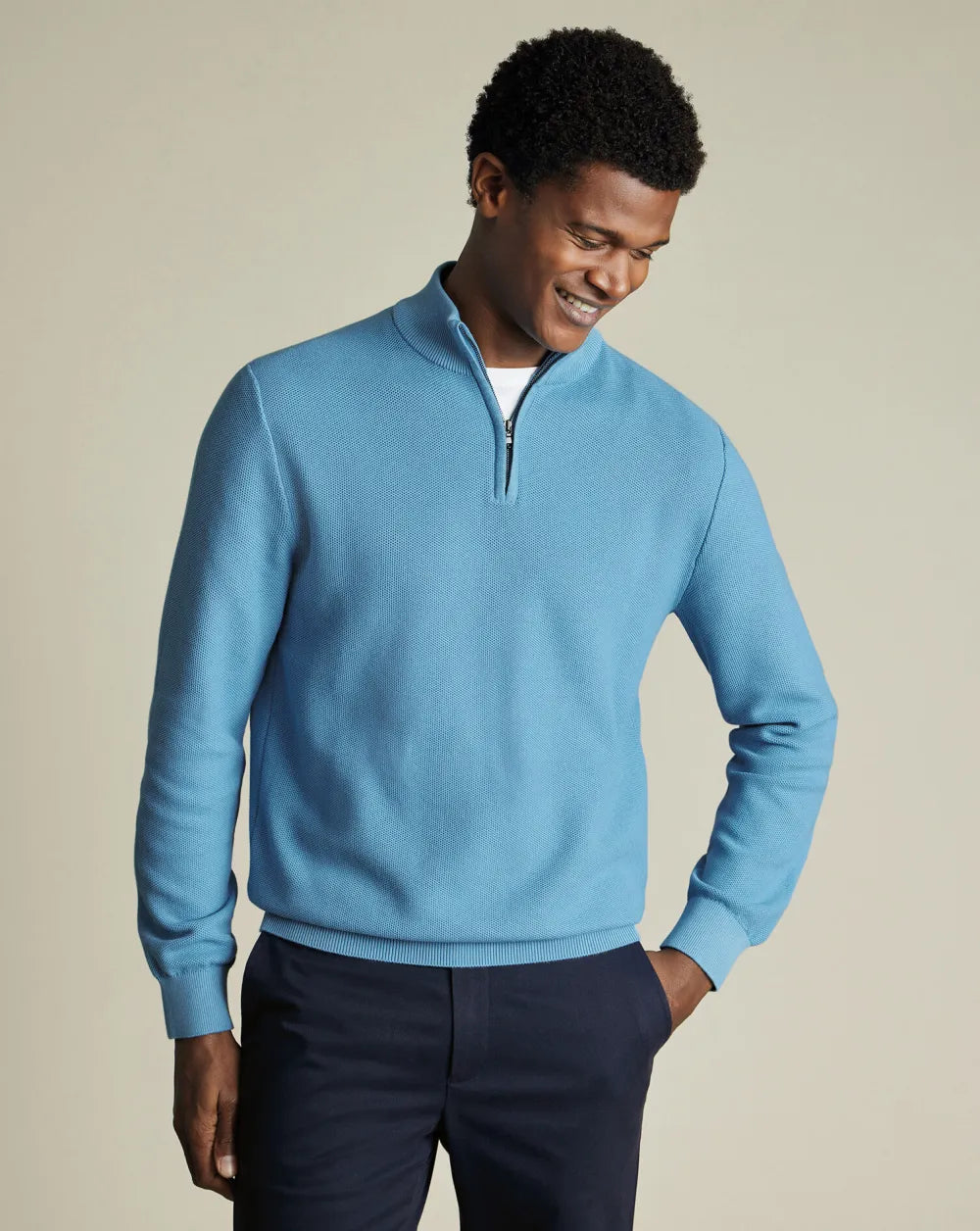 Honeycomb Cotton Zip Neck Jumper - Purple