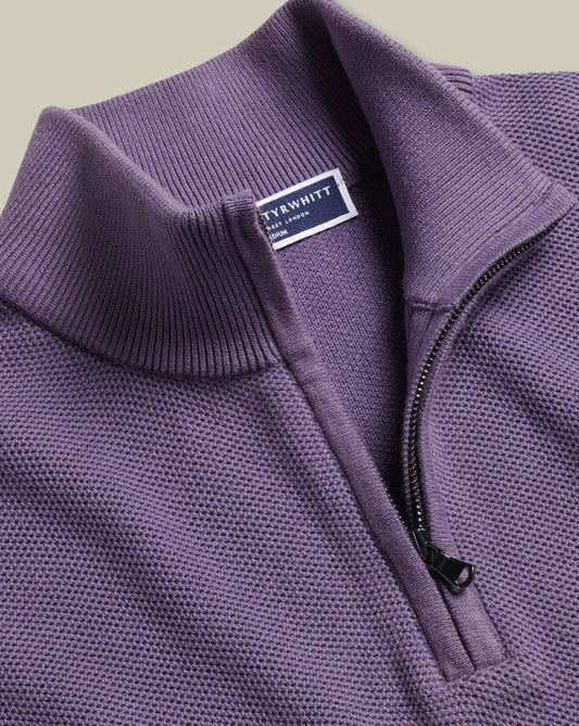 Honeycomb Cotton Zip Neck Jumper - Purple