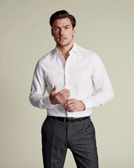Semi-Cutaway Non-Iron Cotton Linen Shirt  - White