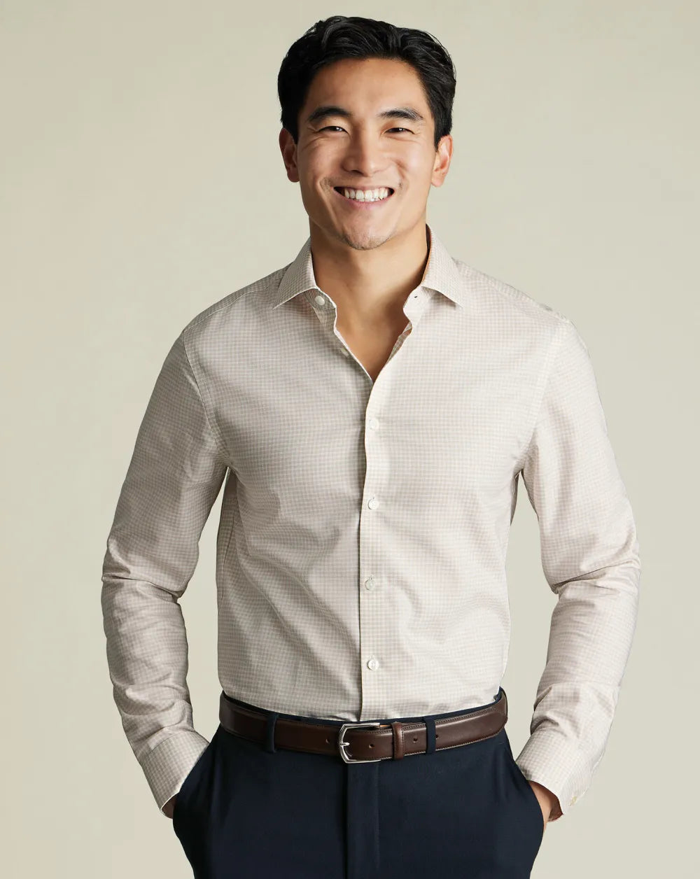 Semi-Cutaway Non-Iron Cotton Linen Shirt  - White