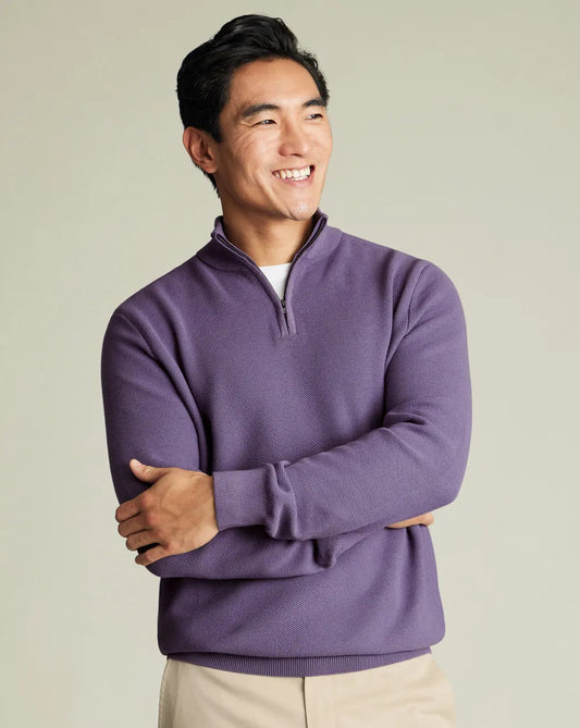 Honeycomb Cotton Zip Neck Jumper - Purple